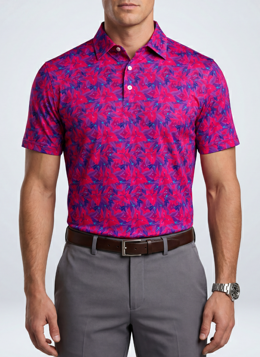 Men's Tobago Sunrise Polo from Tropical Dawn Collection featuring vibrant tropical print and classic polo collar.