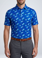 Men's Plankton Glow Polo shirt from Tropical Dawn Collection, featuring a vibrant, glowing plankton pattern on a classic polo.