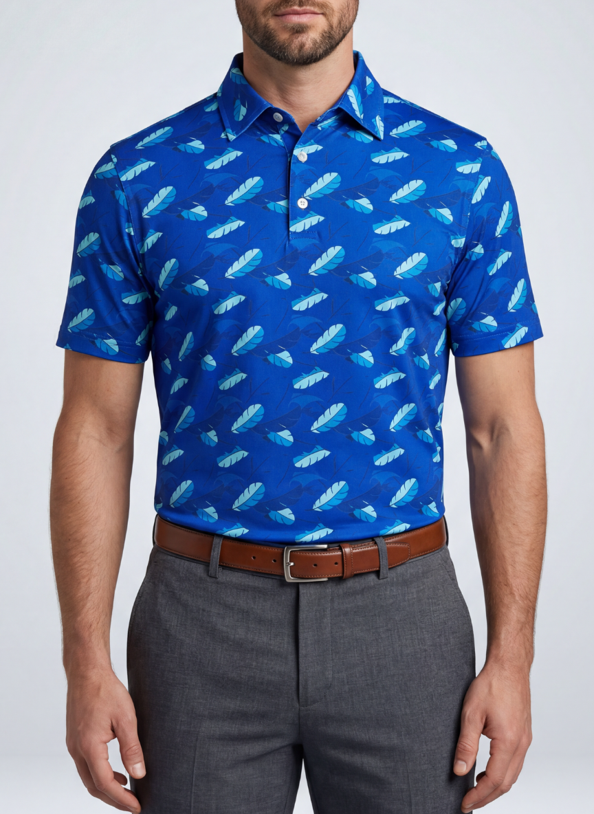 Men's Plankton Glow Polo shirt from Tropical Dawn Collection, featuring a vibrant, glowing plankton pattern on a classic polo.