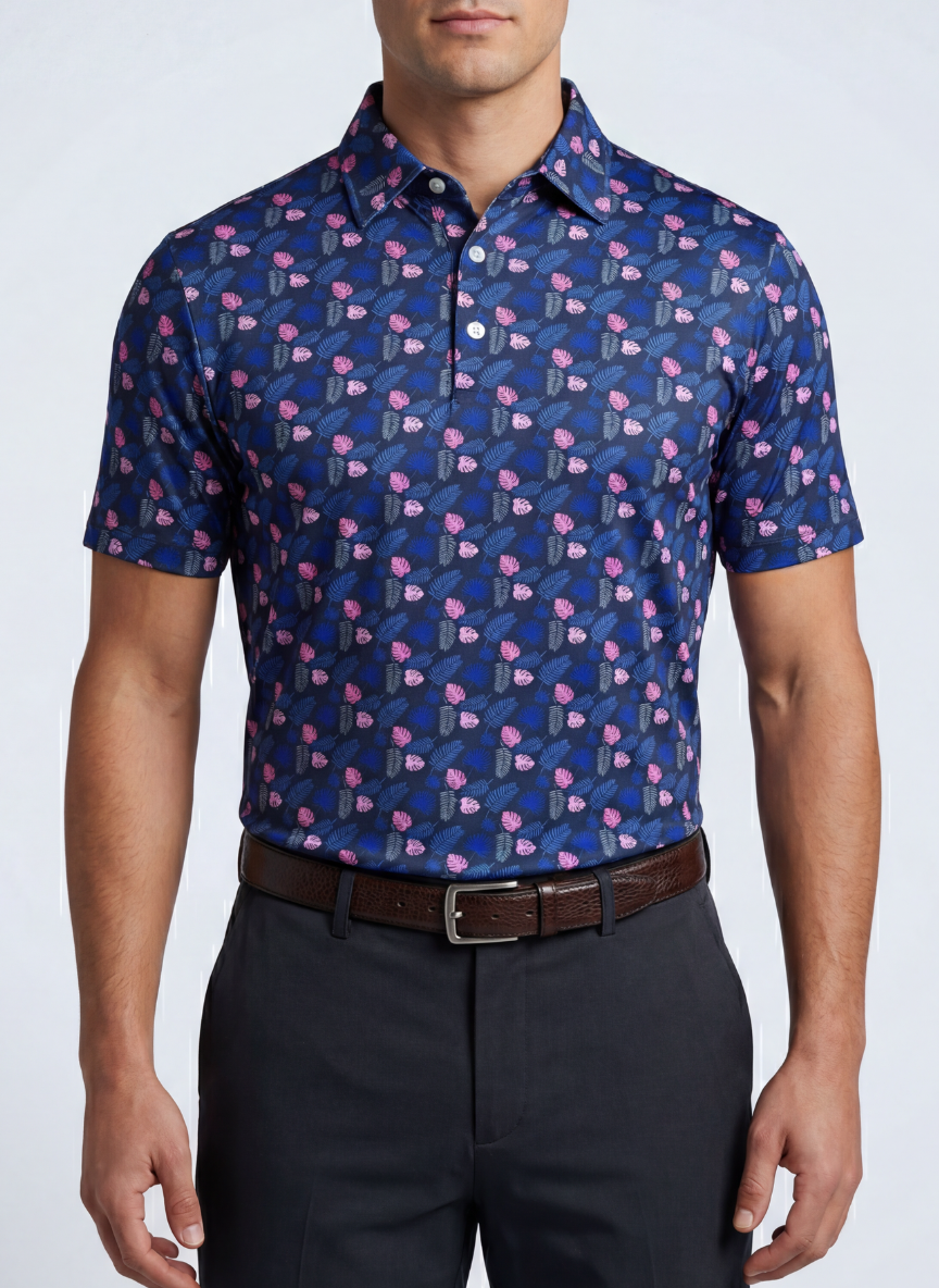 Men's Havana Jungle Polo from Tropical Dawn Collection featuring a vibrant jungle print and classic polo collar.