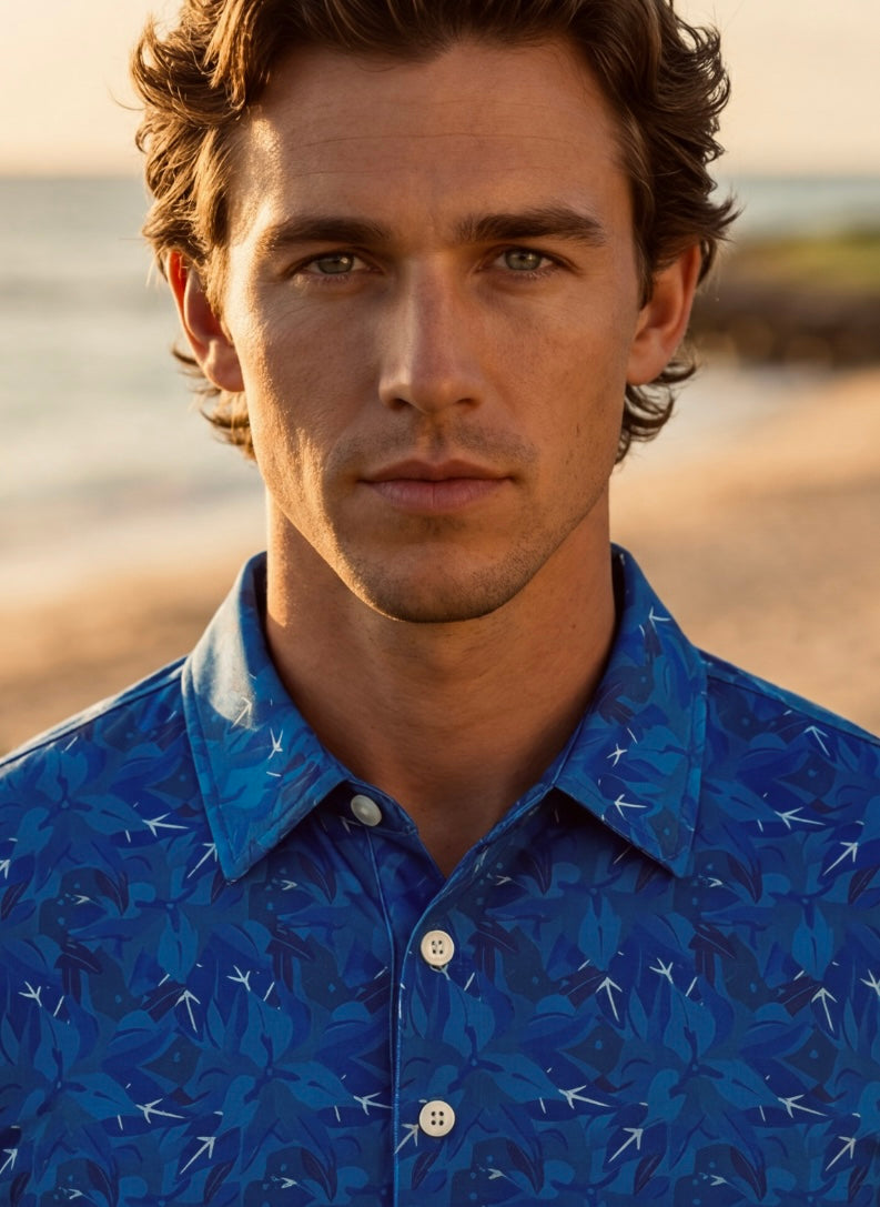 Men's Ocean Drive Polo from Tropical Dawn Collection, featuring a stylish collar and vibrant ocean-inspired design.
