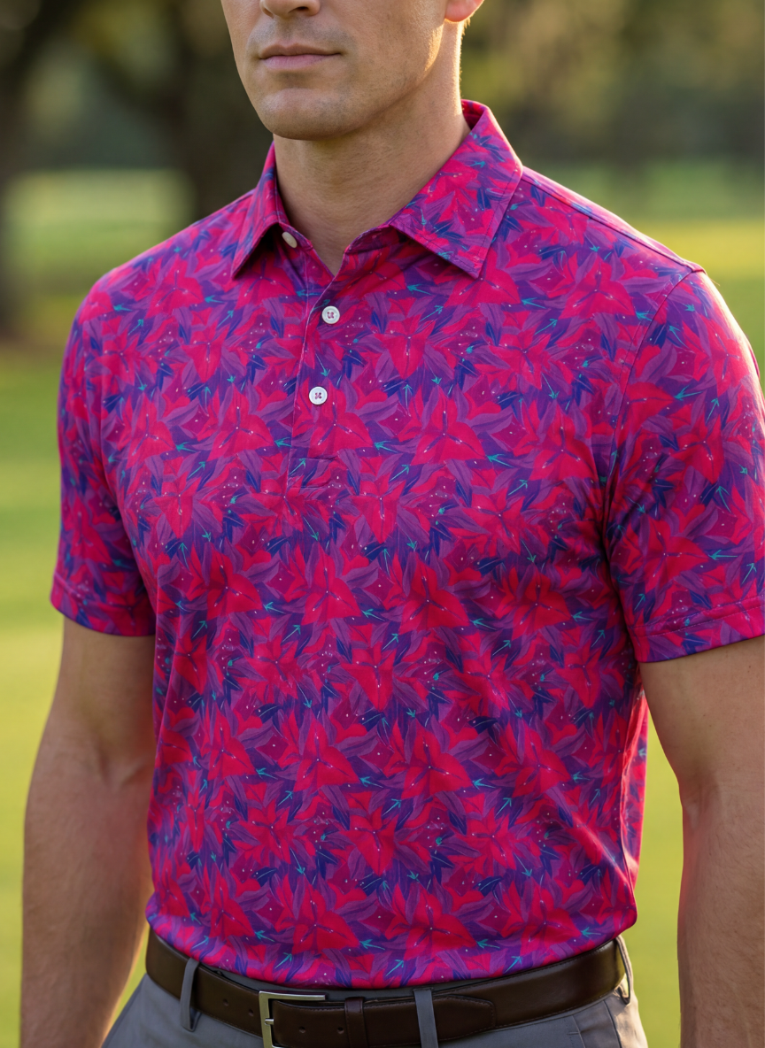 Men's Tobago Sunrise Polo from Tropical Dawn Collection featuring a vibrant, striped design and classic polo collar.