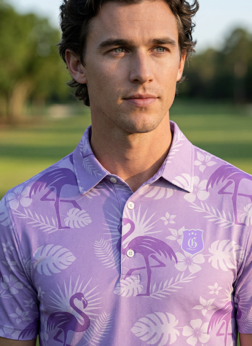 Men's Flamingo Storm Polo by Caribbean Collection featuring a vibrant flamingo pattern on a stylish men's polo shirt.