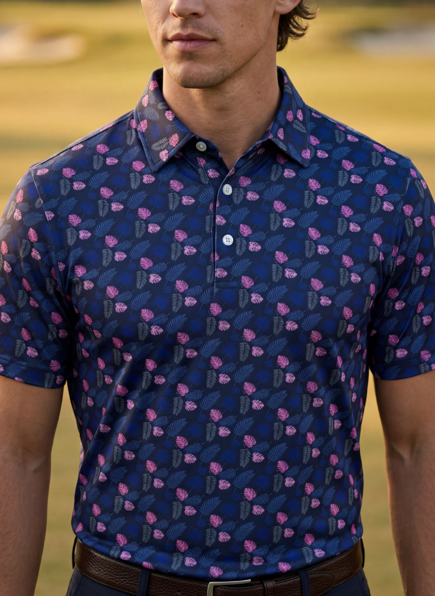 Men's Havana Jungle Polo from Tropical Dawn Collection featuring tropical print fabric and classic polo collar.