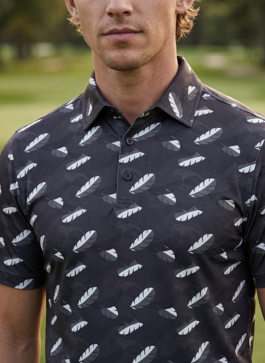 Men's J’ouvert Polo from Tropical Dawn Collection featuring a stylish design and comfortable fit, shown in a close-up view.