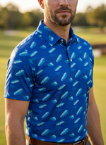 Men's Plankton Glow Polo shirt from Tropical Dawn Collection, featuring a vibrant plankton print and comfortable fit.