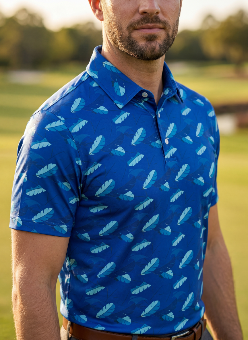 Men's Plankton Glow Polo shirt from Tropical Dawn Collection, featuring a vibrant plankton print and comfortable fit.