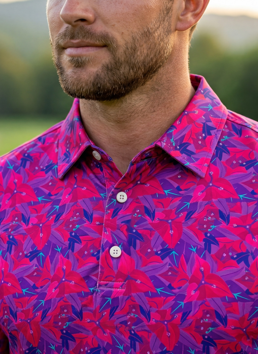 Men's Tobago Sunrise Polo from Tropical Dawn Collection featuring a vibrant, colorful design and classic polo collar.