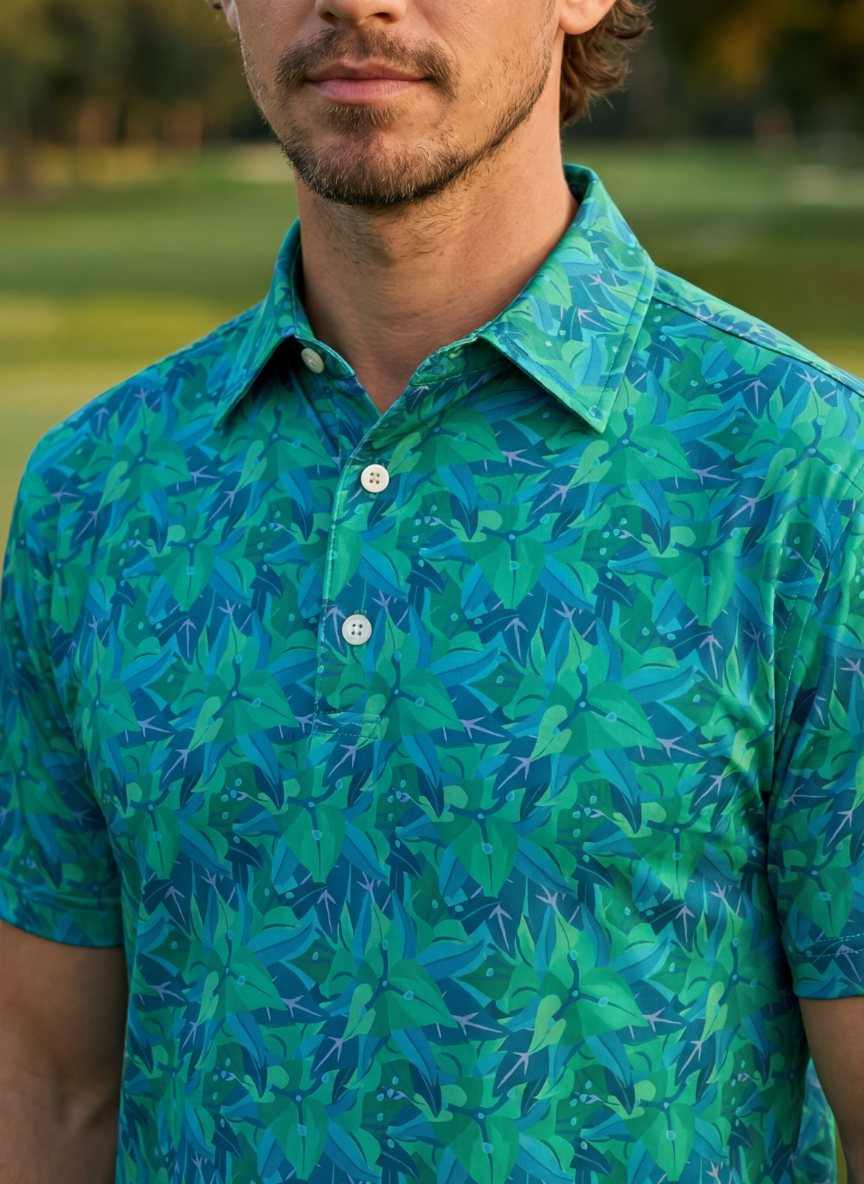 Men's Turks & Caicos Polo from Tropical Dawn Collection, featuring a casual fit and vibrant coastal-inspired design.