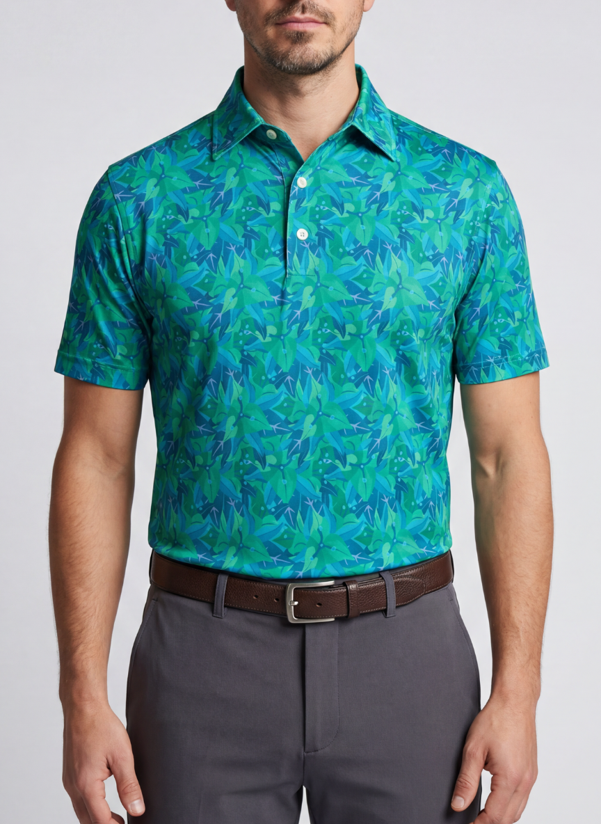 Men's Turks & Caicos Polo from Tropical Dawn Collection, featuring a casual fit and vibrant tropical print.