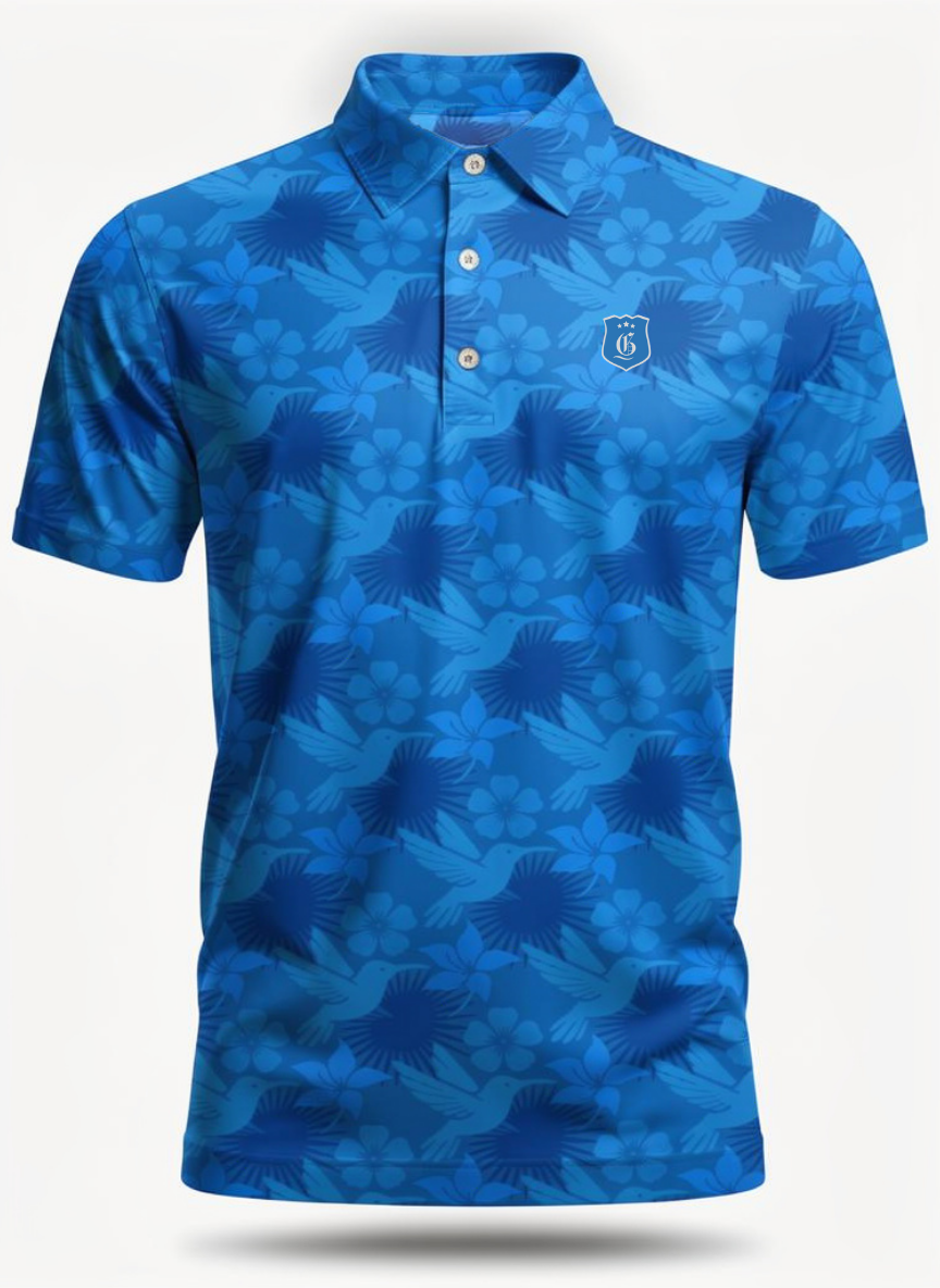 Men's Poolside Paradise Polo from Caribbean Collection in blue, featuring a casual fit and tropical-inspired design.