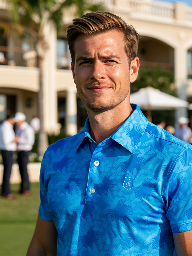 Men's blue Poolside Paradise Polo by Caribbean Collection, casual men's polo shirt with tropical-inspired design.