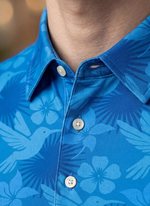 Men's Poolside Paradise Polo by Caribbean Collection, blue men's polo shirt with tropical print, casual summer wear