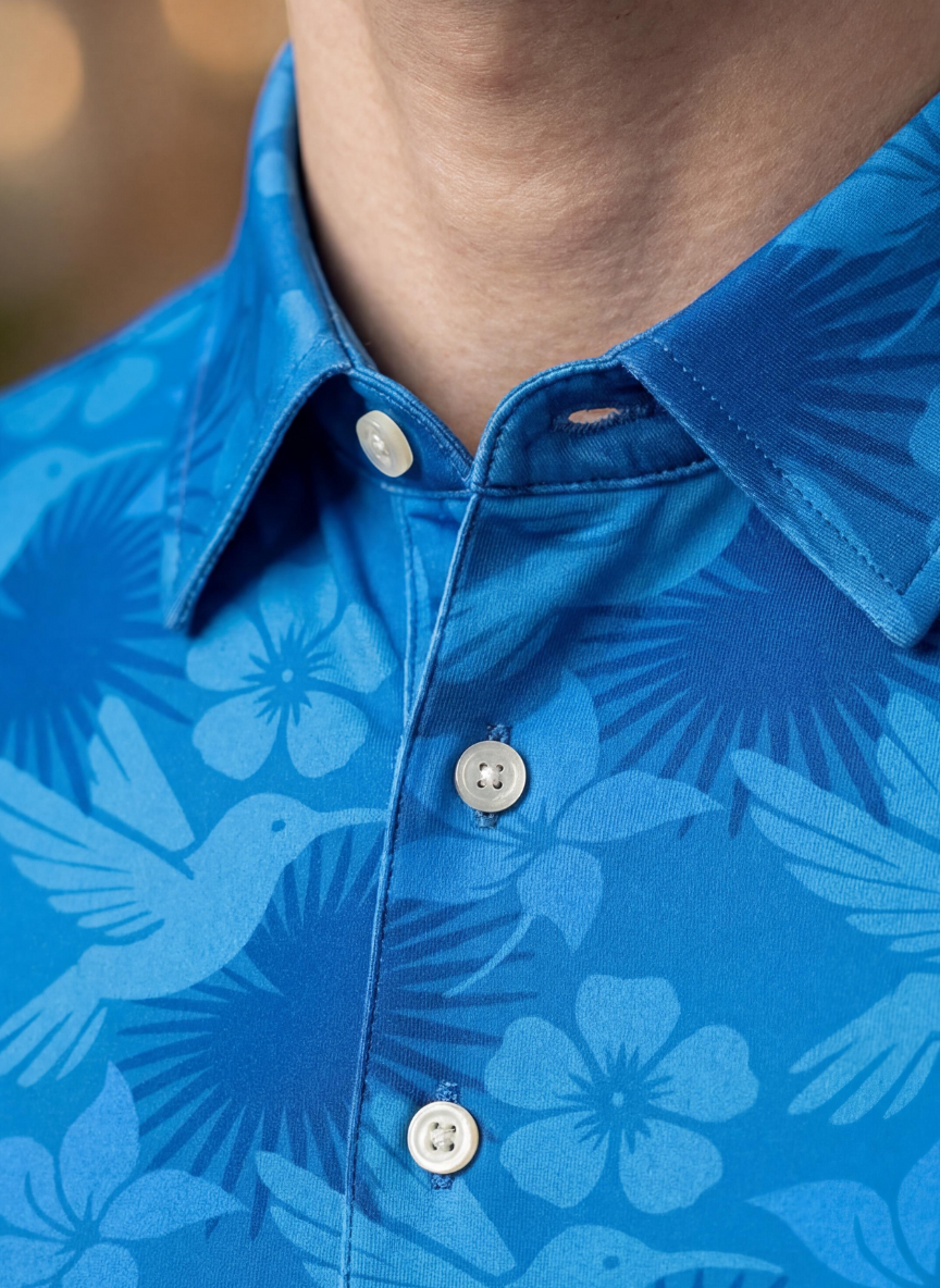Men's Poolside Paradise Polo by Caribbean Collection, blue men's polo shirt with tropical print, casual summer wear