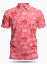 Men's Flamingo Sunset Polo from Caribbean Collection featuring a coral flamingo sunset design on a casual polo shirt.