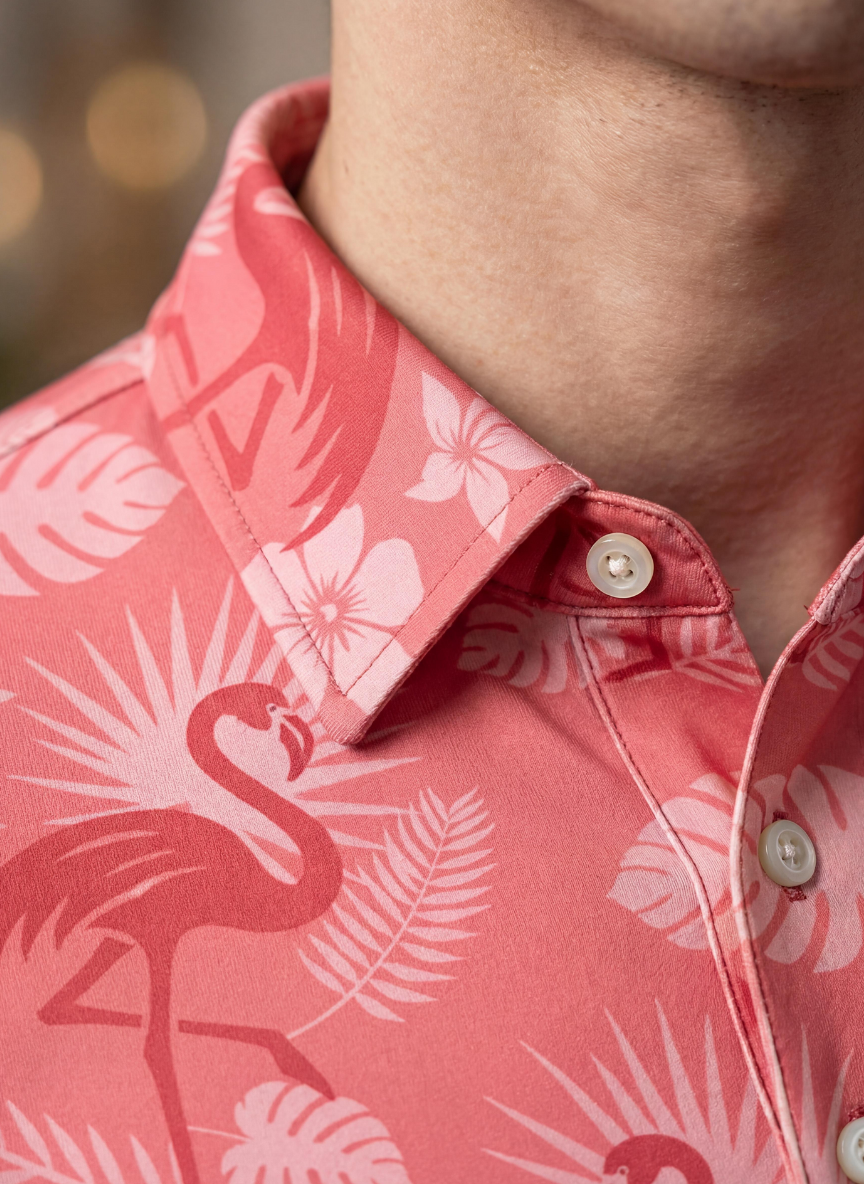 Men's Flamingo Sunset Polo from Caribbean Collection featuring coral and flamingo print, classic polo style.