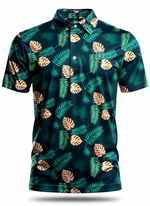 Men's Tropical Jungle Polo from Caribbean Collection featuring green fabric with tropical jungle print, casual men's polo shirt.