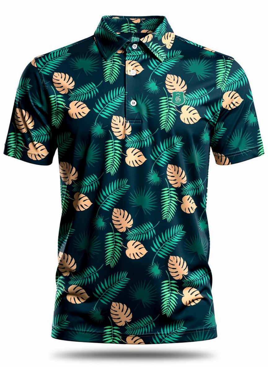 Men's Tropical Jungle Polo from Caribbean Collection featuring green fabric with tropical jungle print, casual men's polo shirt.
