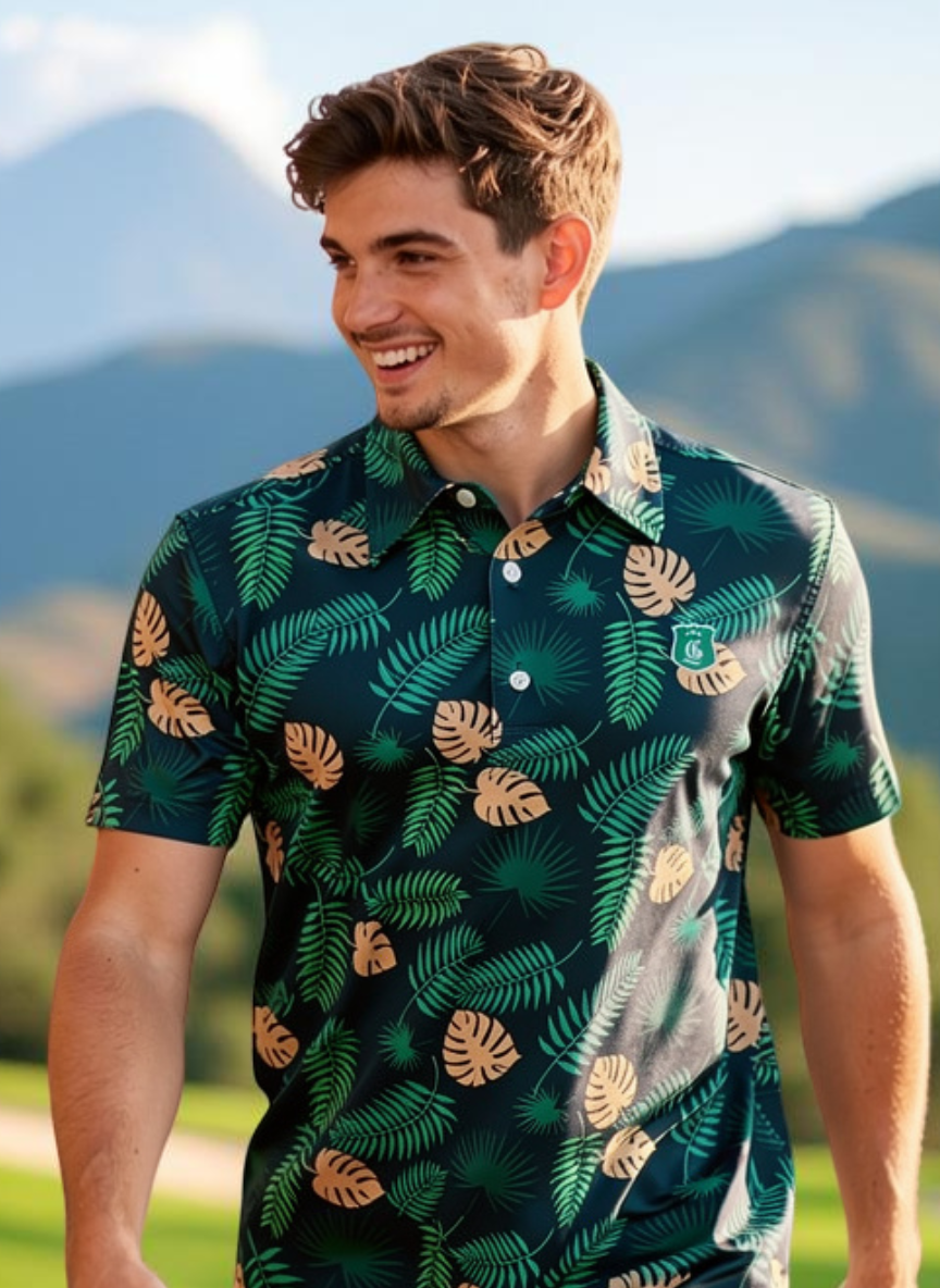 Men's Tropical Jungle Polo by Caribbean Collection in green with tropical jungle print, casual men's polo shirt.
