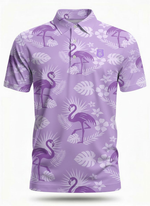 Men's Caribbean Collection Flamingo Storm Polo in purple, featuring a tropical flamingo design on a stylish polo shirt.