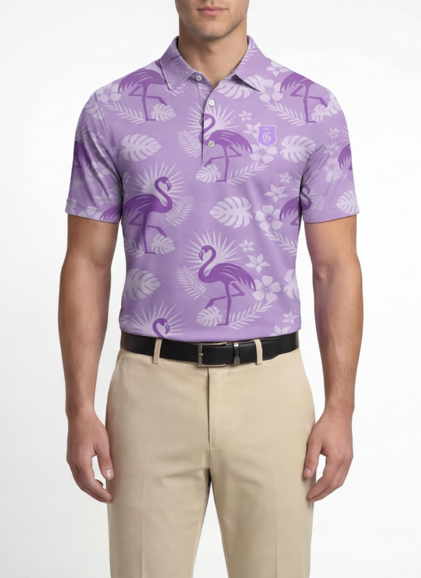 Men's Flamingo Storm Polo by Caribbean Collection featuring a purple polo shirt with a flamingo design.