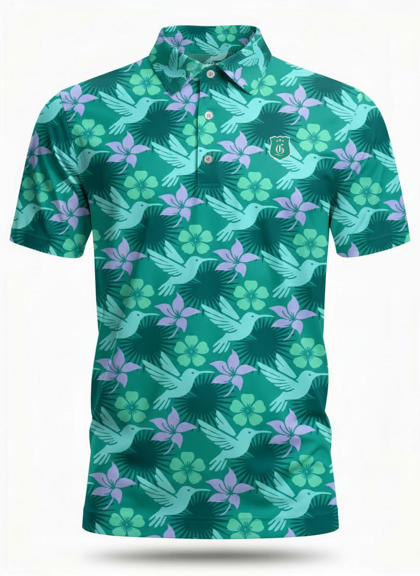 Men's turquoise Humming Birdie Polo from Caribbean Collection, featuring a classic fit and detailed bird embroidery.