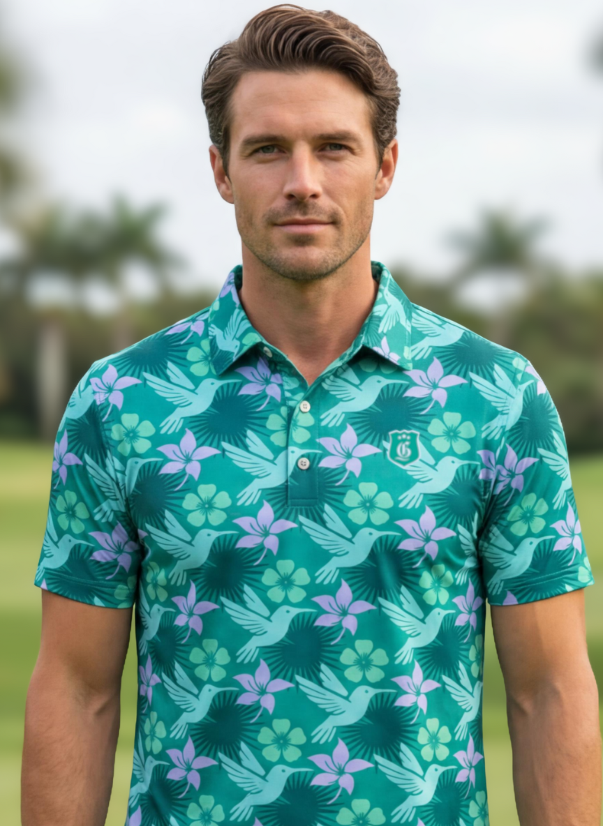 Men's turquoise Humming Birdie Polo from Caribbean Collection, featuring a stylish design and comfortable fit.