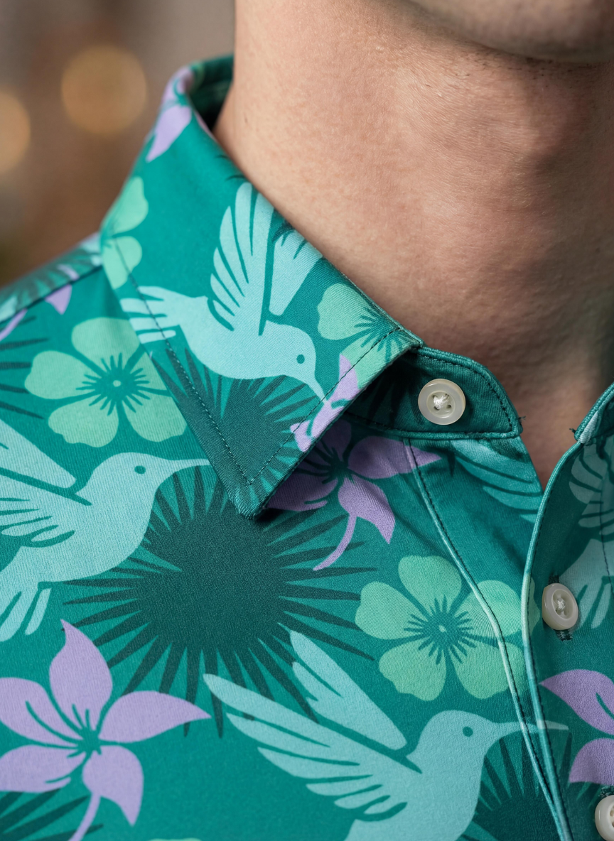Turquoise men's Humming Birdie Polo shirt by Caribbean Collection featuring a bird logo and classic polo design.