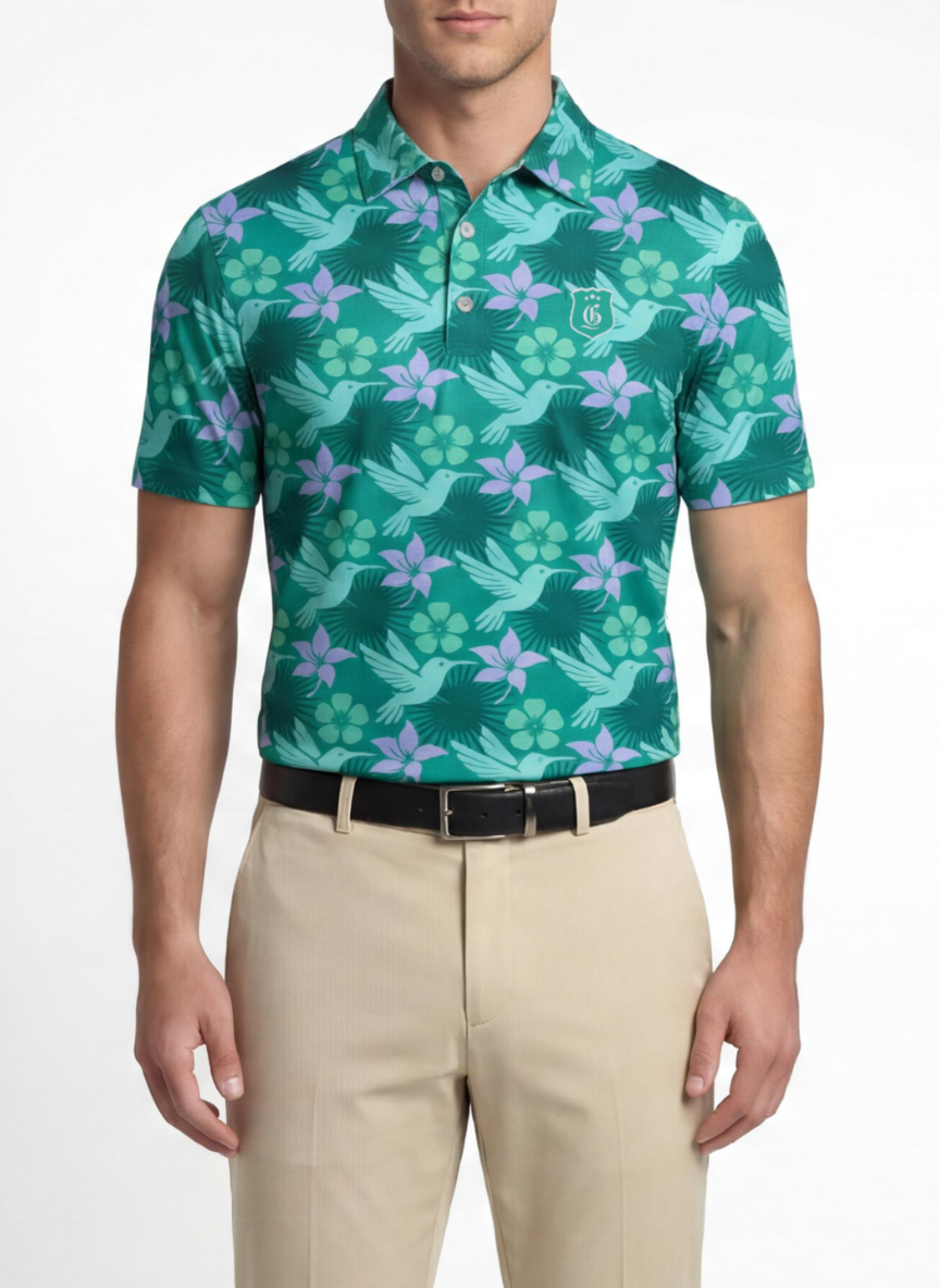Turquoise men's Humming Birdie Polo shirt by Caribbean Collection, featuring a classic polo design with a subtle bird motif.