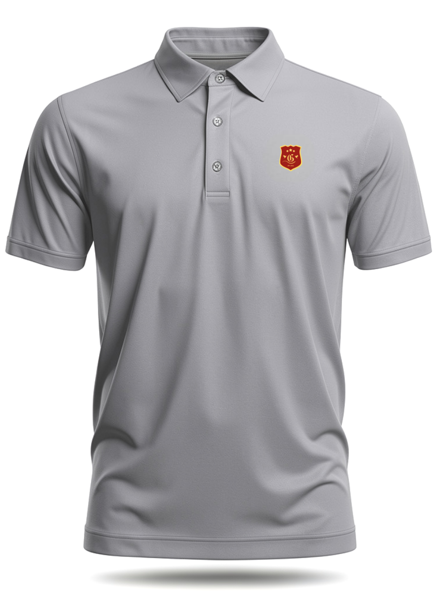 Men's grey Dragon Slayer Polo from Dragon Collection, featuring a classic fit and detailed dragon embroidery on the chest.