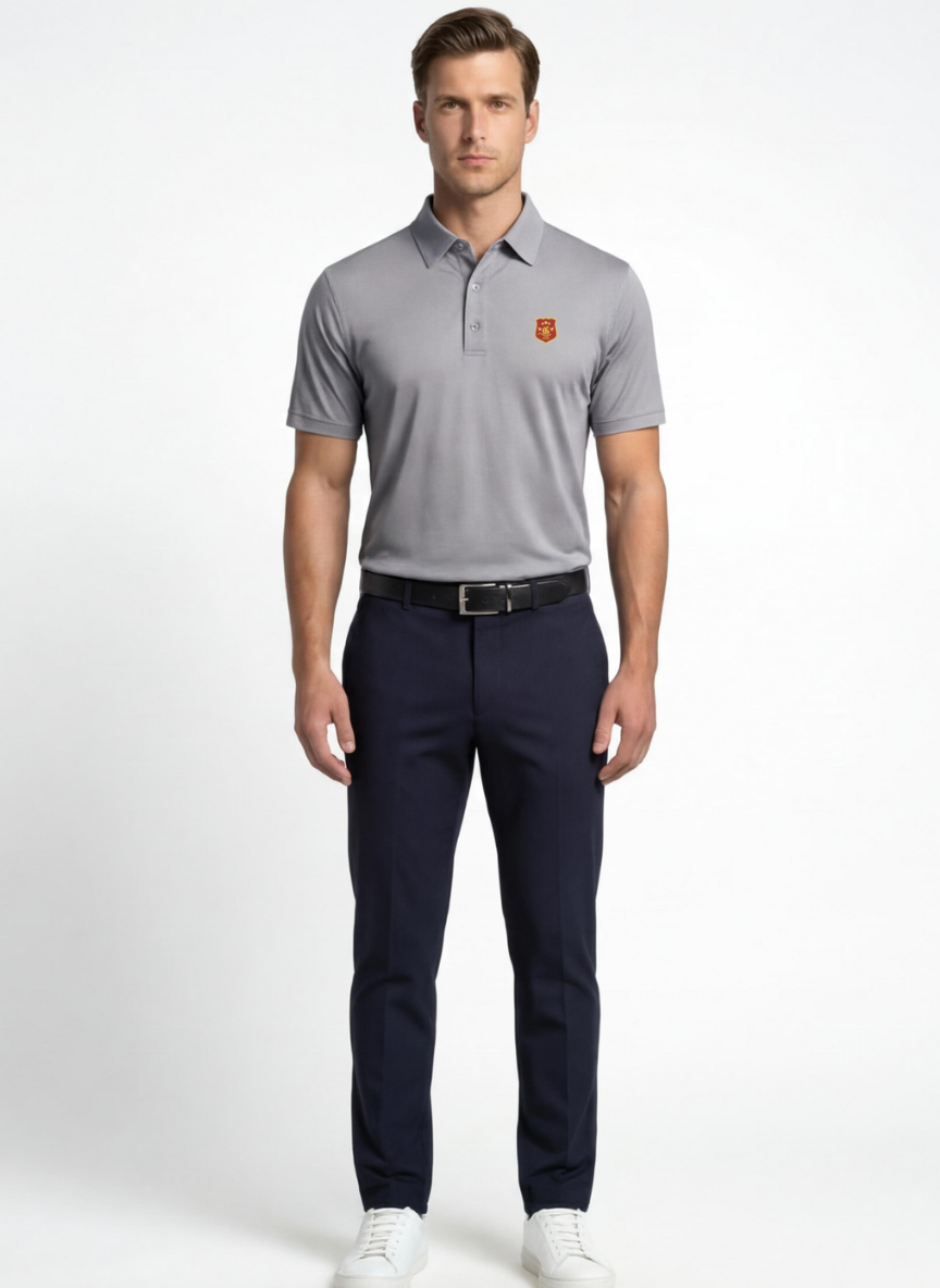 Light grey Dragon Slayer Polo shirt for men from Dragon Collection, featuring a dragon-themed design on the front.