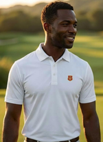 White men's Hero Polo from Dragon Collection featuring a classic collar and subtle branding on the chest.